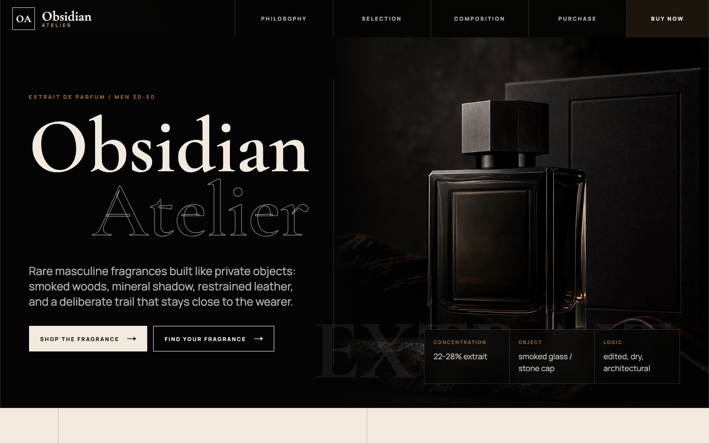 Hero лендинга Obsidian Atelier